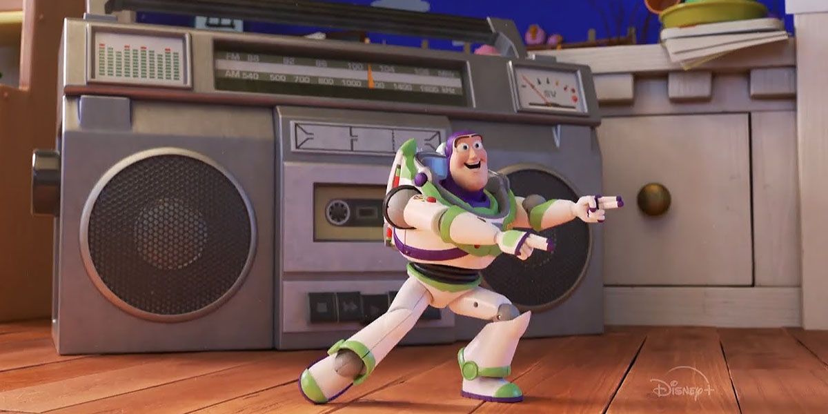 Buzz dances in front of a stereo