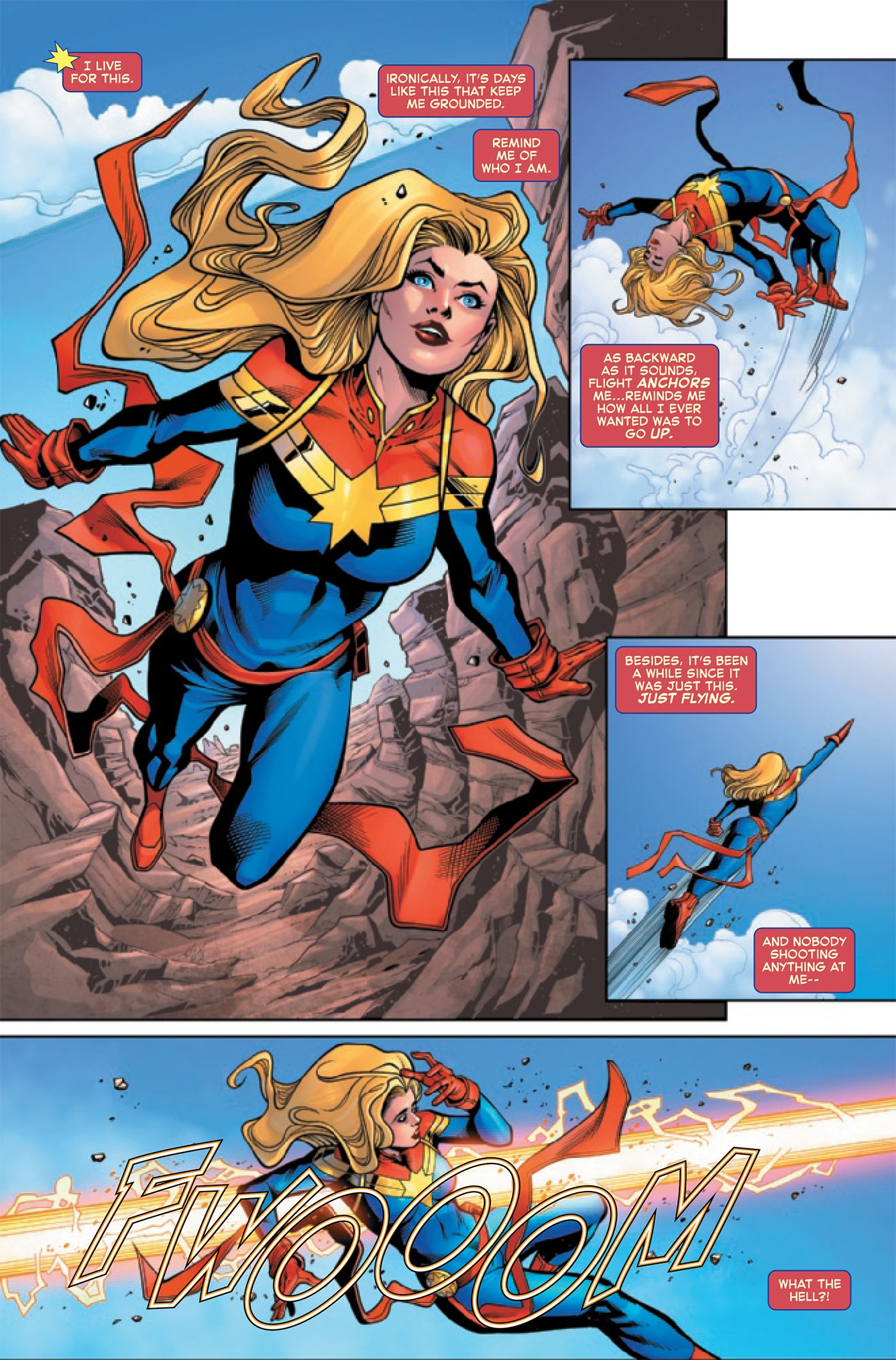 Captain Marvel flies through the sky before getting shot at.