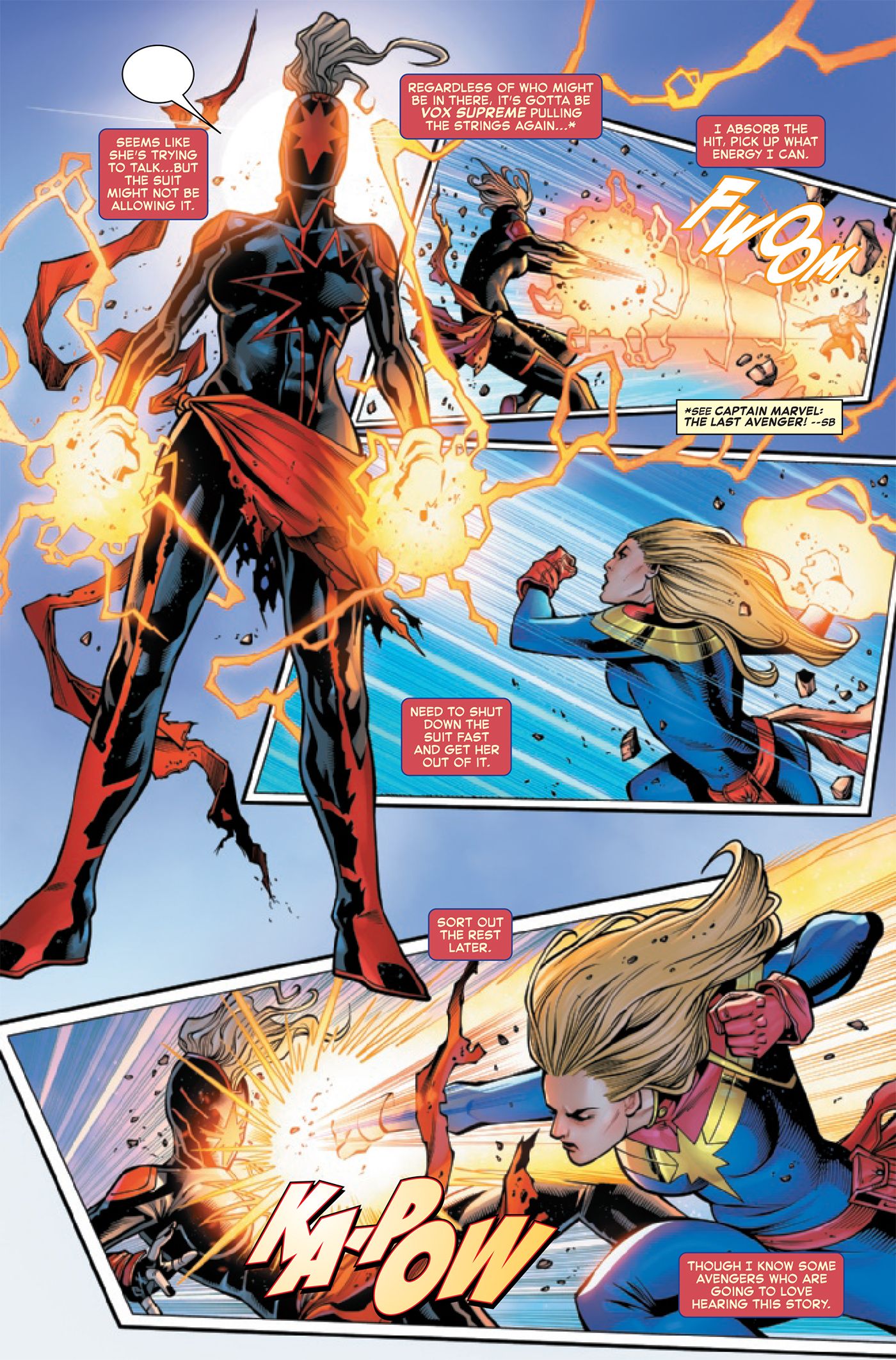 Captain Marvel squares off against the new host of the Last Avenger suit.