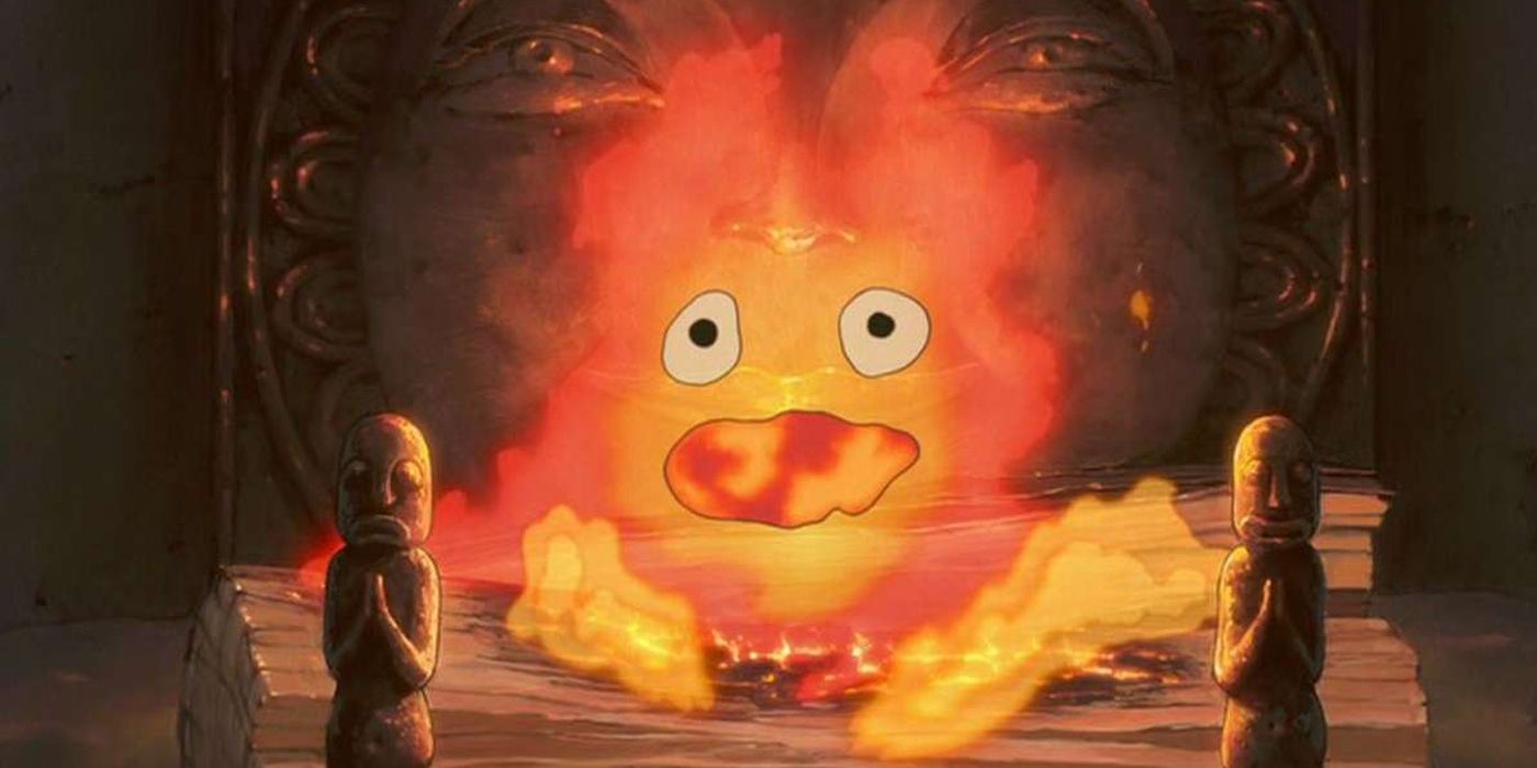Calcifer sitting in his pile of firewood in the castle's hearth in Howl's Moving Castle.