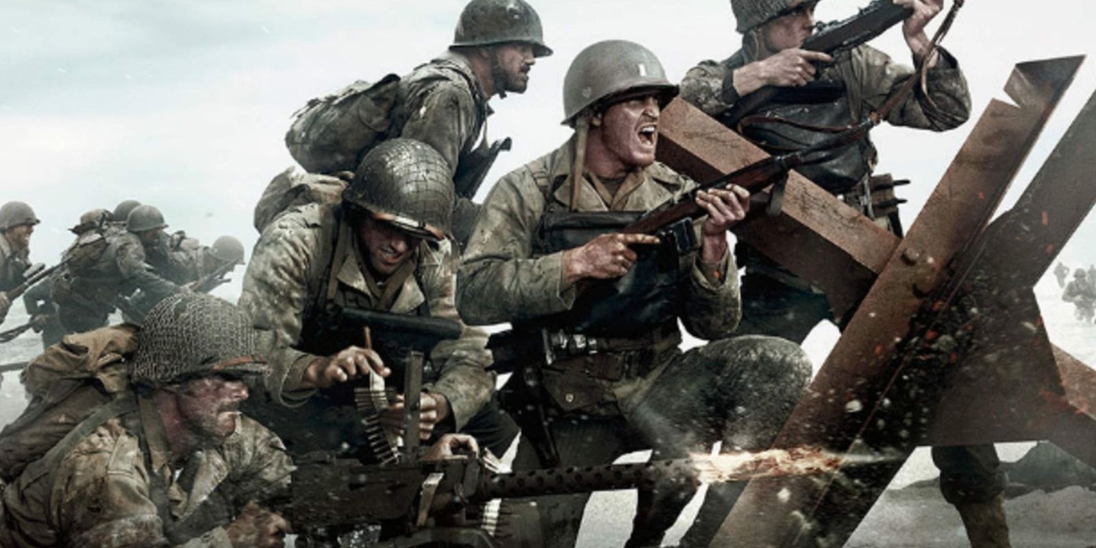 A group of American soldiers taking cover during an intense firefight in World War II