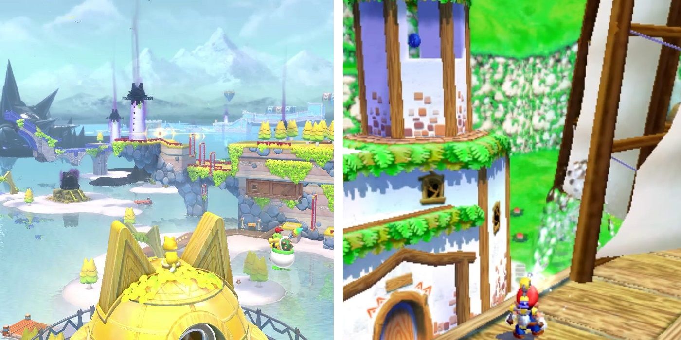 Cat Kingdom from Super Mario 3D World: Bowser's Fury and Windmill Plaza from Super Mario Sunshine