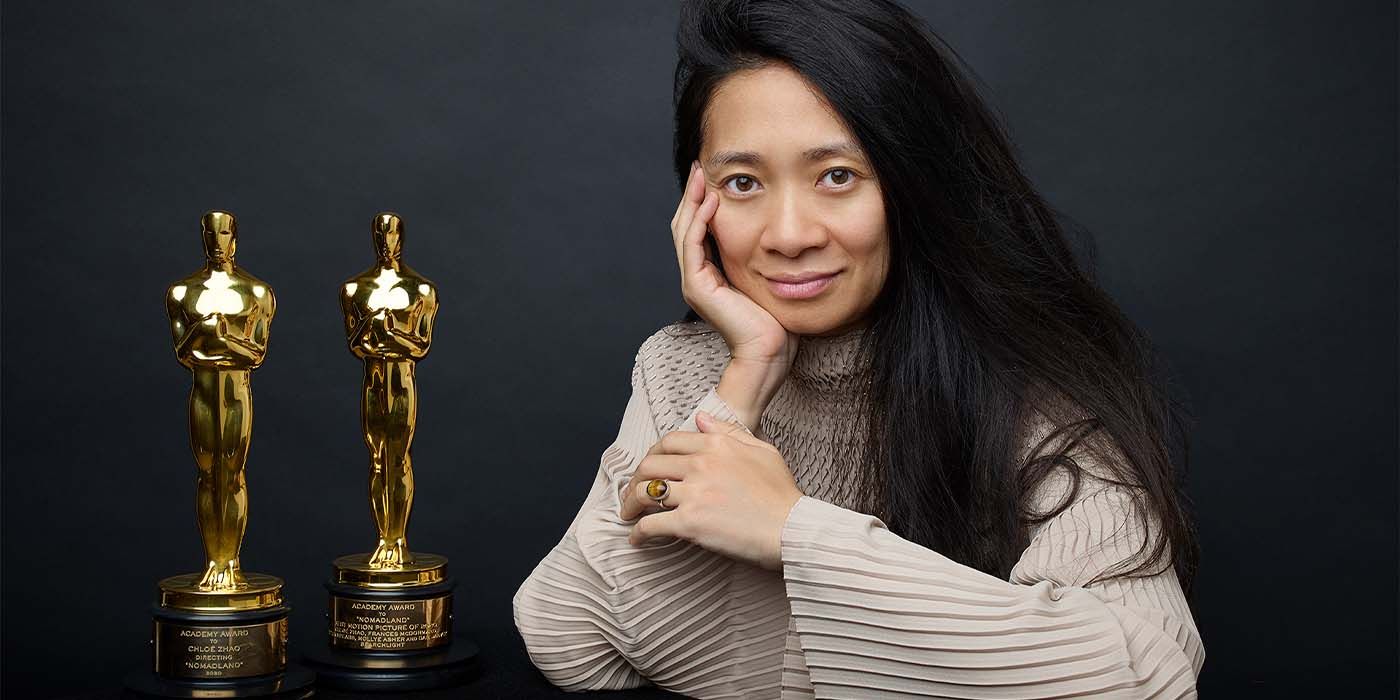 Chloe Zhao with her Oscars