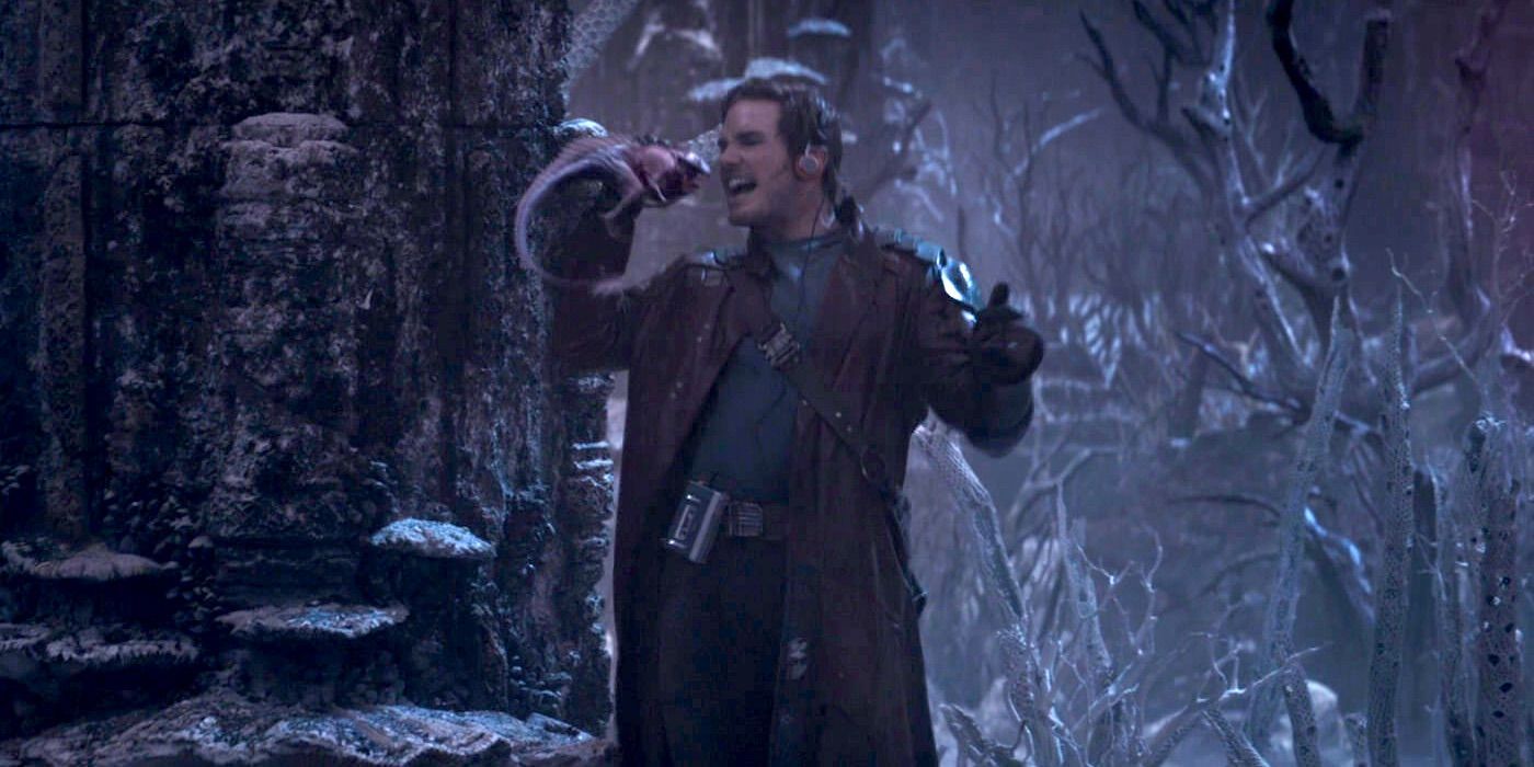 Star-Lord sings and dances before he steals the orb in Guardians of the Galaxy.