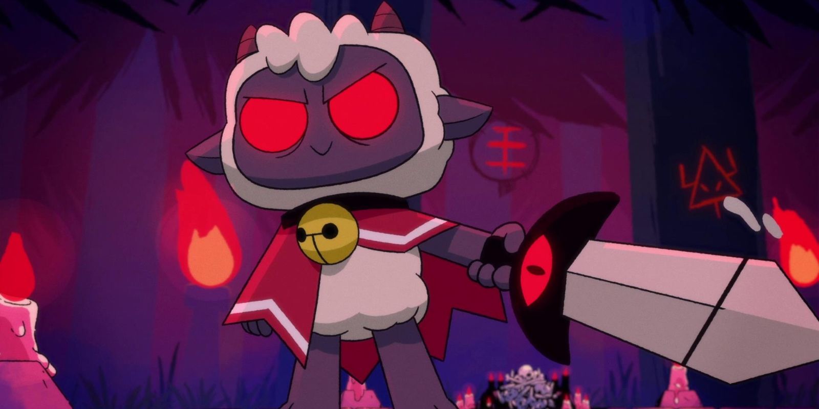 A cartoony lamb with glowing red eyes holding a sword from Devolver Digital's Cult of the Lamb.