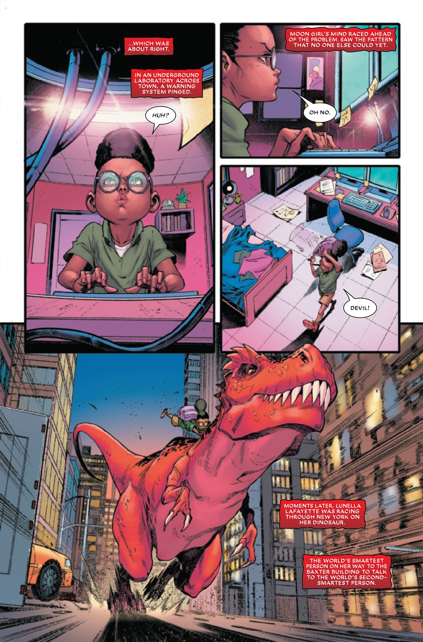 Moon Girl detects the threat and rides off on Devil Dinosaur to meet Mr. Fantastic.