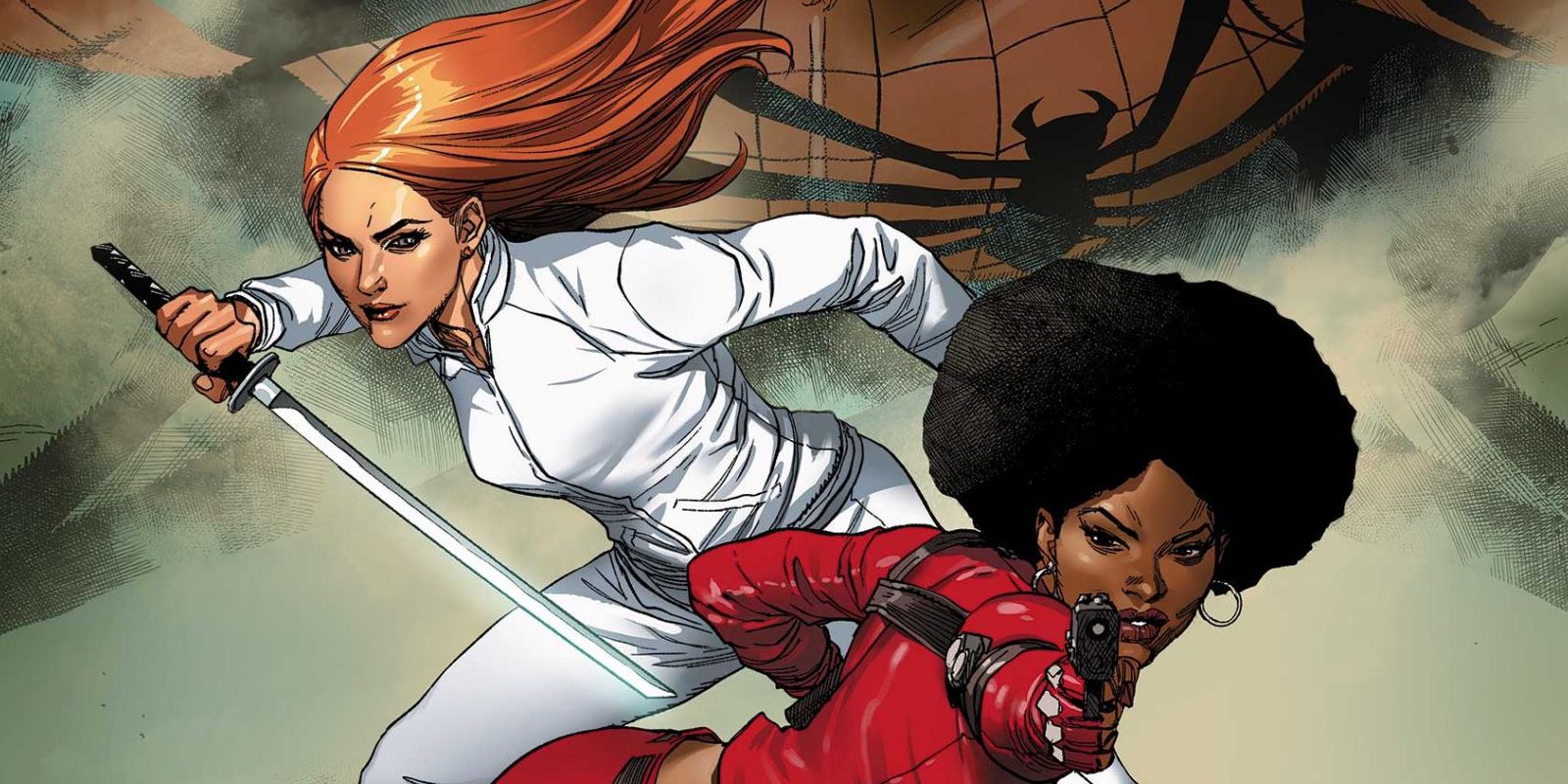 Daughters of the Dragon Misty Knight and Colleen Wing with Spider-Man's costume in the background.