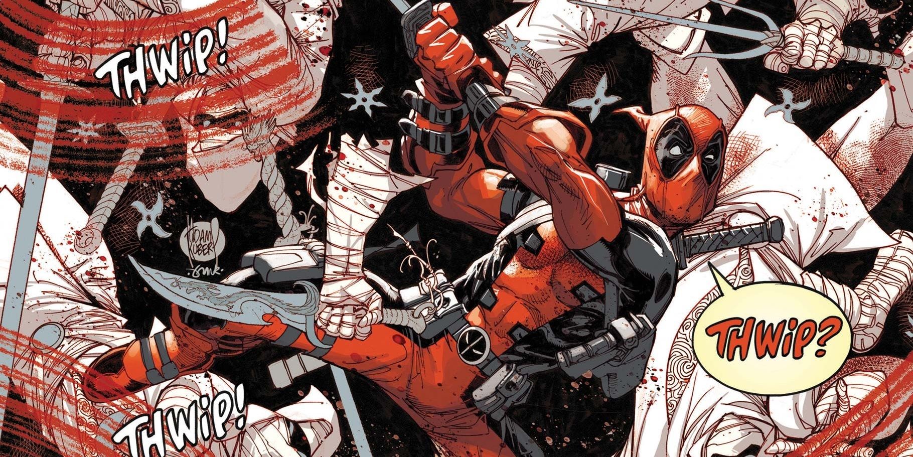 Deadpool fights miscellaneous ninjas on the cover of Deadpool Black White and Blood by Adam Kubert