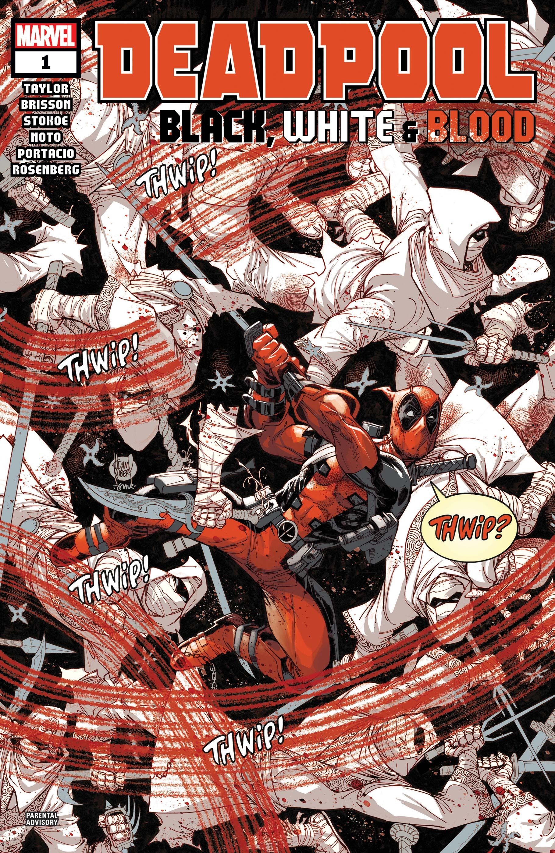 Deadpool fights miscellaneous ninjas on the cover of Deadpool Black White and Blood by Adam Kubert