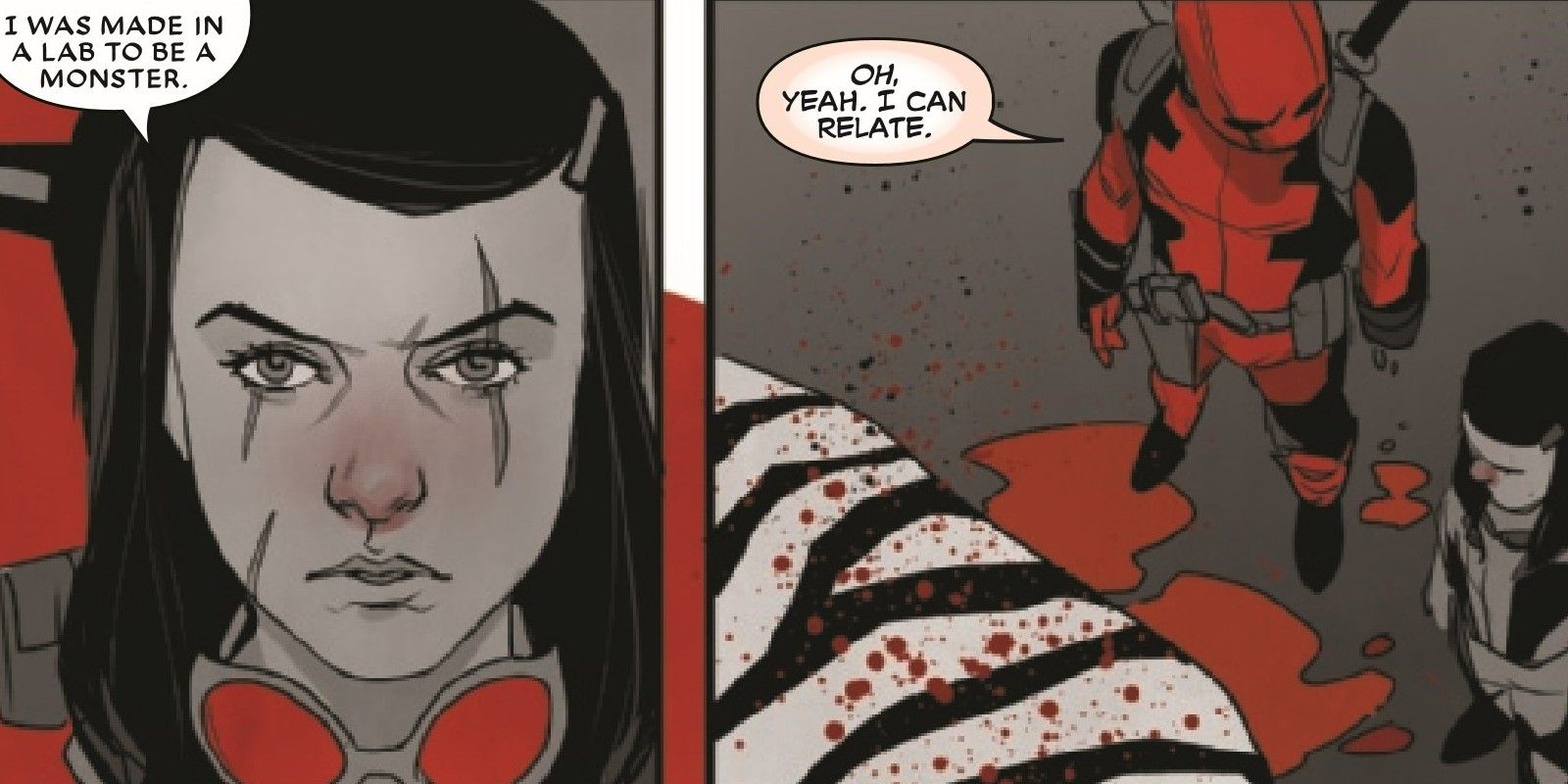 Deadpool and Scout talking about their shared experiences in Deadpool Black White and Blood #1