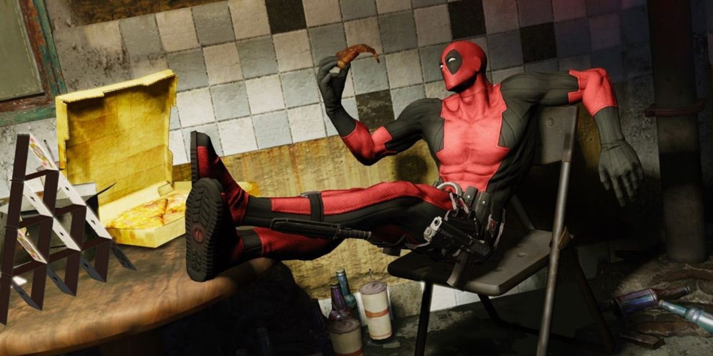 Deadpool, feet on the table and holding a slice of pizza, as seen in his own game