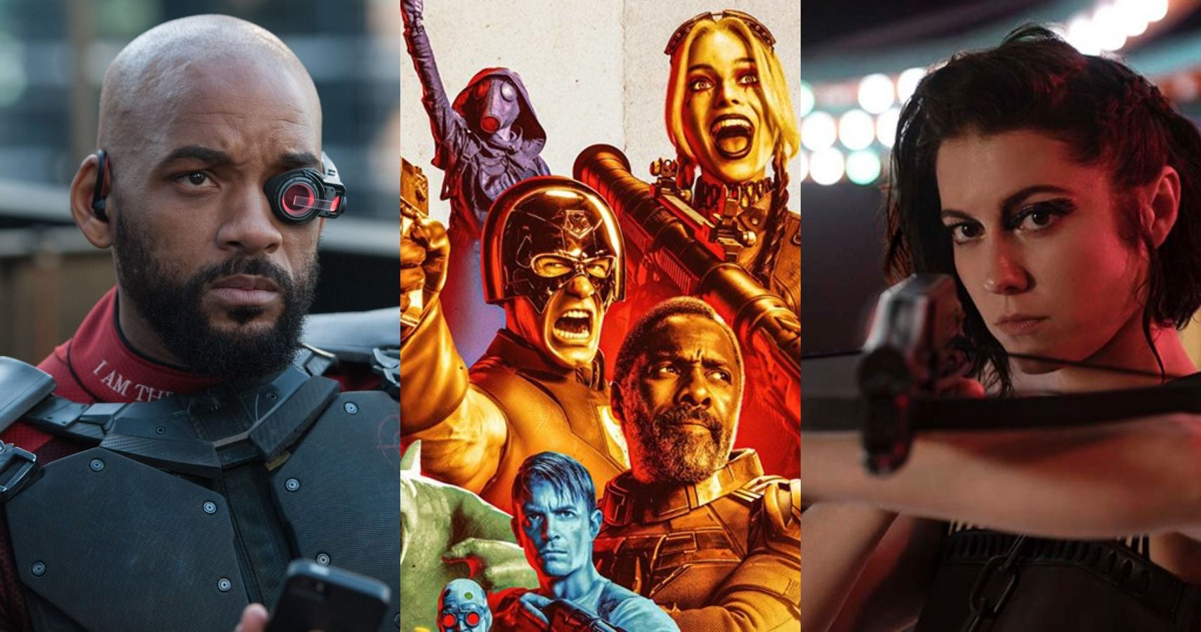 A center image of the characters from The Suicide Squad flanked by a right image of Huntress from Birds of Prey and by a left image of Deadshot from the first Suicide Squad movie..