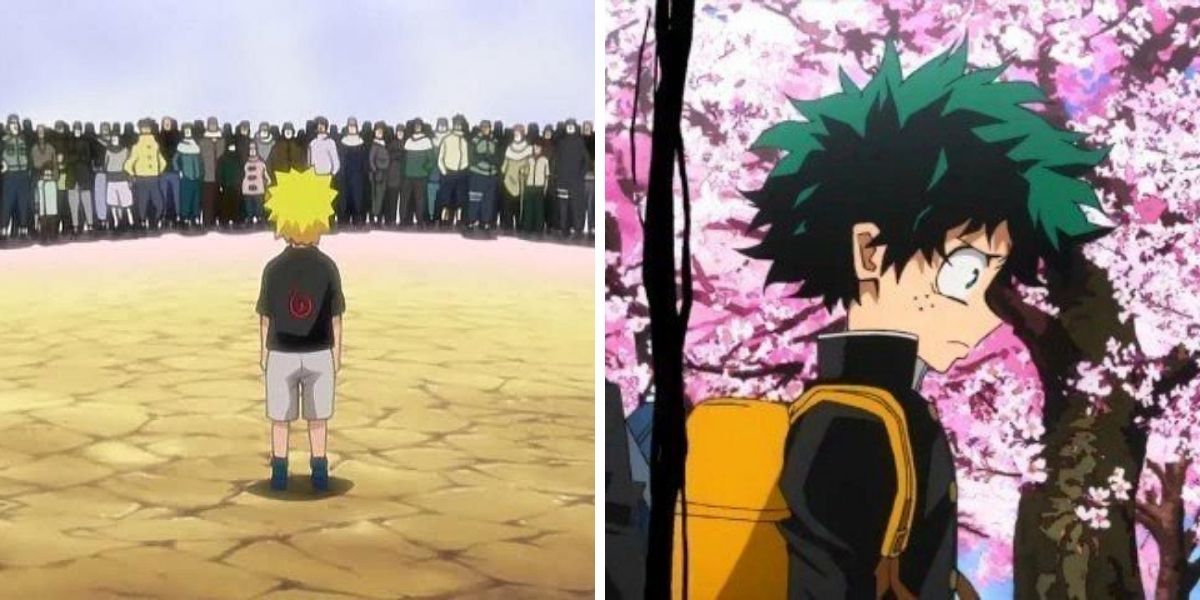 Left image features Naruto Uzumaki amongst the Leaf Village citizens; right image features Izuku &quot;Deku&quot; Midoriya looking nervous