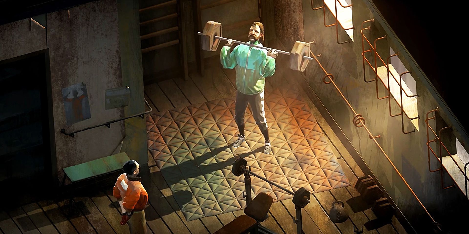 An image of a character from Disco Elysium lifting weights