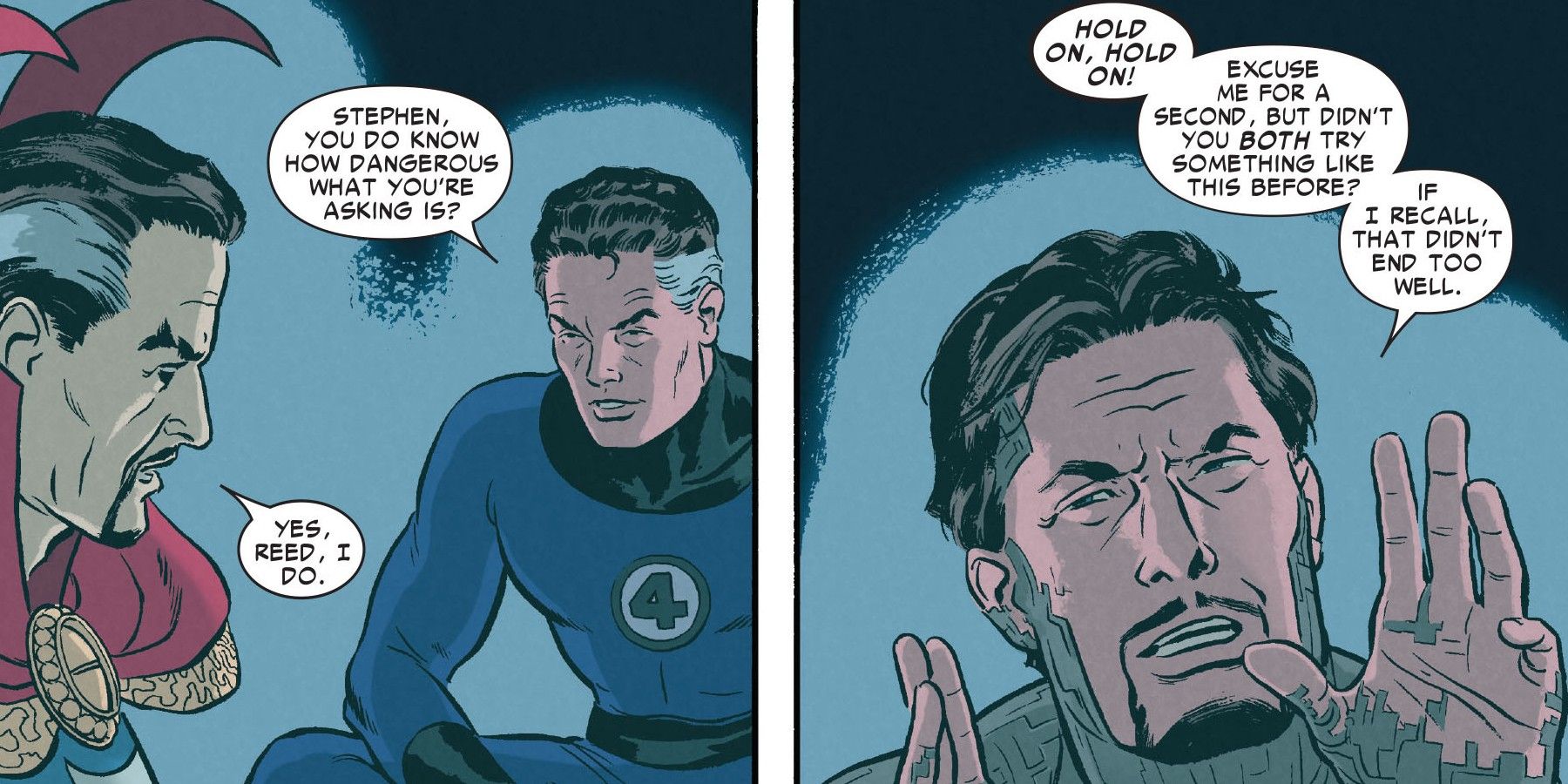 Doctor Strange talking to Reed Richards and Iron Man about restoring Spider-Man's secret identity
