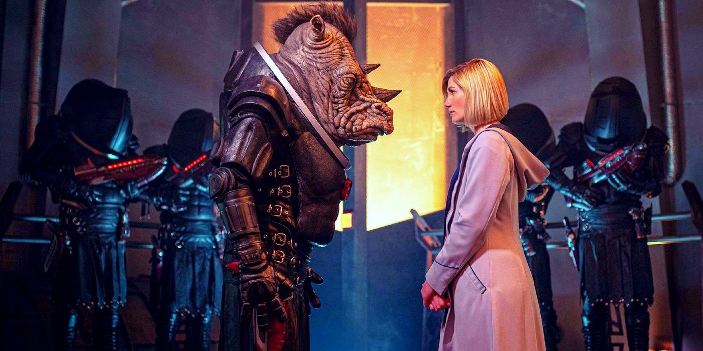 The Thirteenth Doctor with a Judoon General in Doctor Who Fugitive of the Judoon