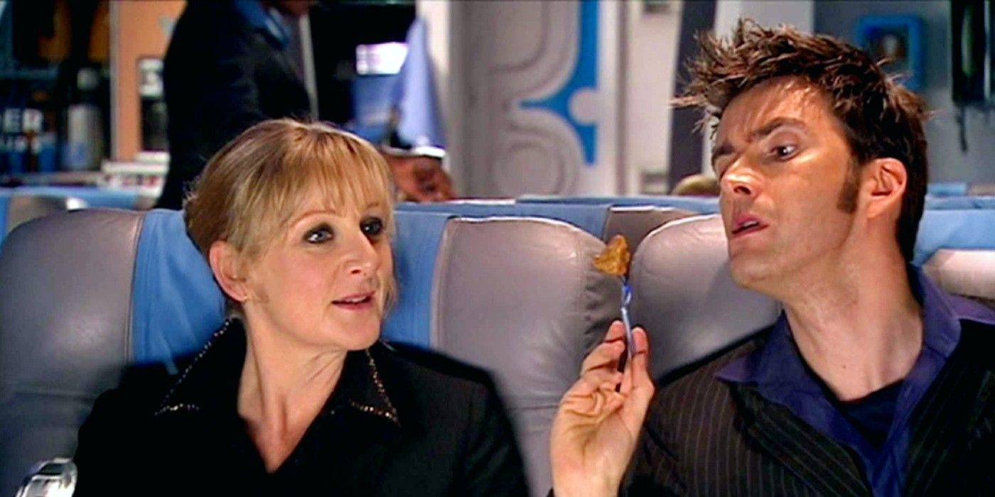 The Tenth Doctor (David Tennant) and Sky on a train in the Doctor Who episode Midnight