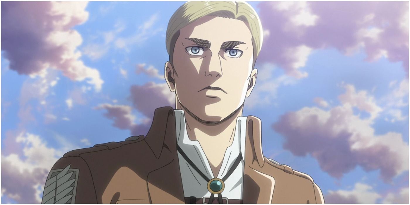 Erin Smith looks sternly as he stands under a pastel sky in AoT.