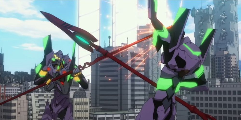 Twin EVA Unit-O1's duel in Evangelion 3.0+1.0: Three times at once.