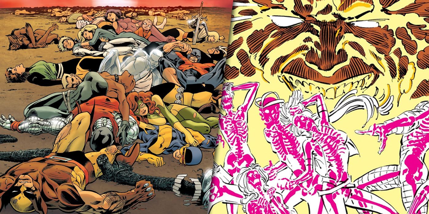 Fall of the mutants poster and X-Men getting shocked by The Adversary split image