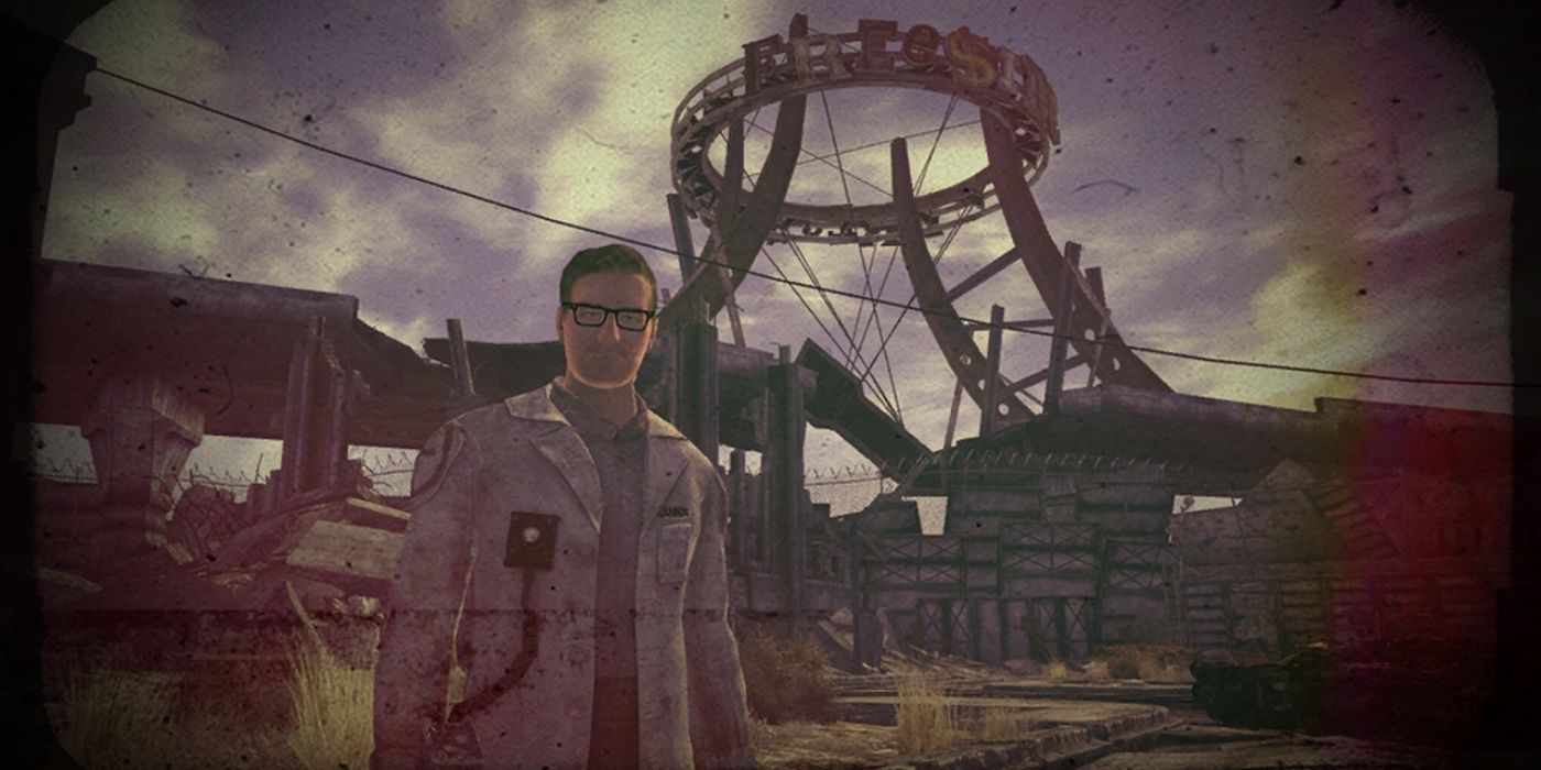 Fallout's Arcade Gannon stands in front of a decrepit building