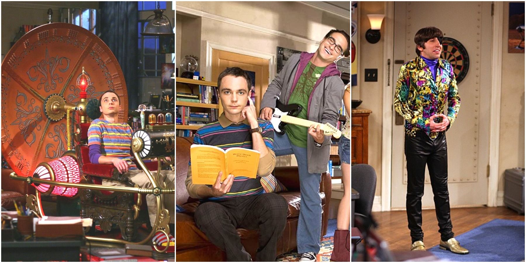 Sheldon with a time machine, reading a book, and Howard picking up girls from The Big Bang Theory