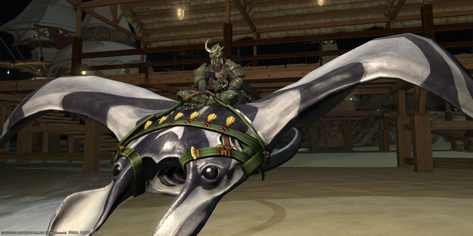 A player in Kojin armor with a Striped Ray Mount in Final Fantasy 14