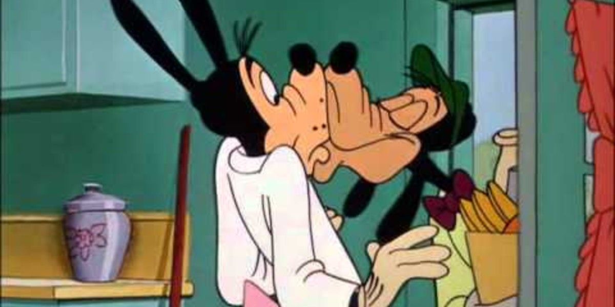 Goofy kissing the grocery delivery man in Father's Day Off.
