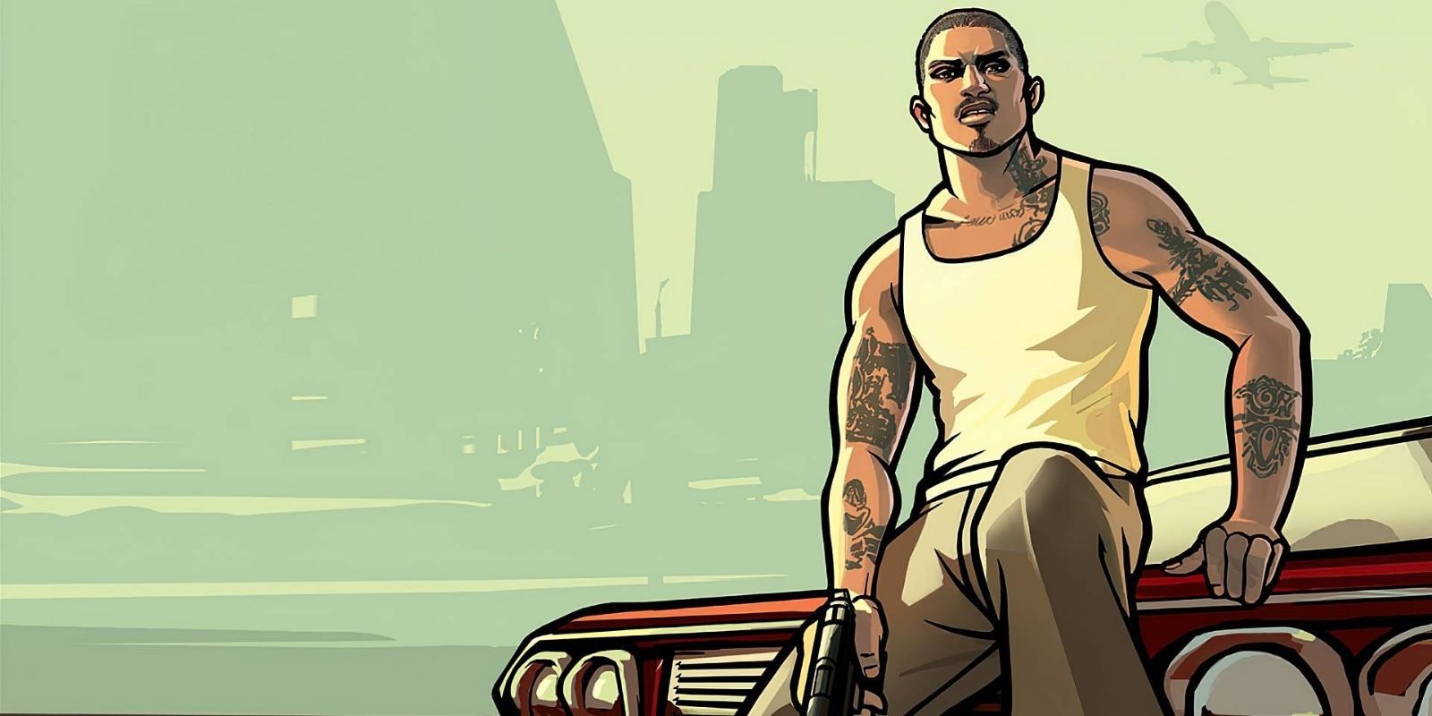 A character in Grand Theft Auto: San Andreas sits on the hood of his car