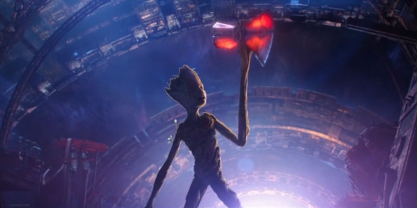 Groot forming the handle around Stormbreaker in Infinity War