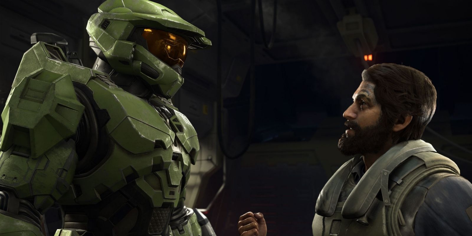 Master Chief in conversation with a civilian in Halo Infinite