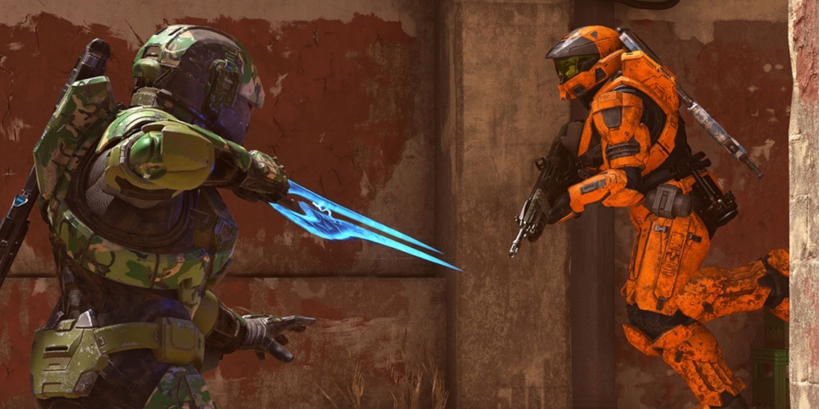 Two Spartans in combat, one wearing green armor and brandishing an energy sword, the other decked out in orange with an assault rifle