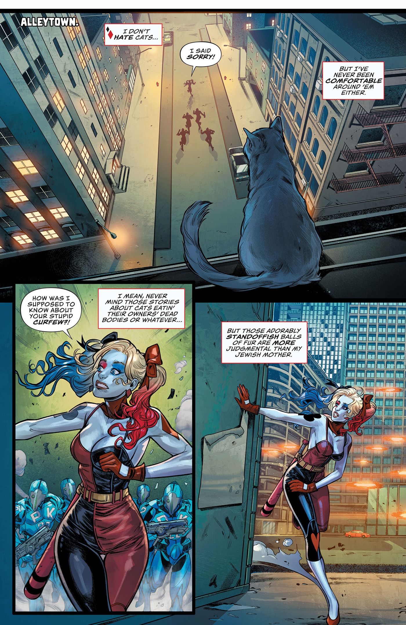 Harley Quinn runs from peacekeepers while discussing cats.