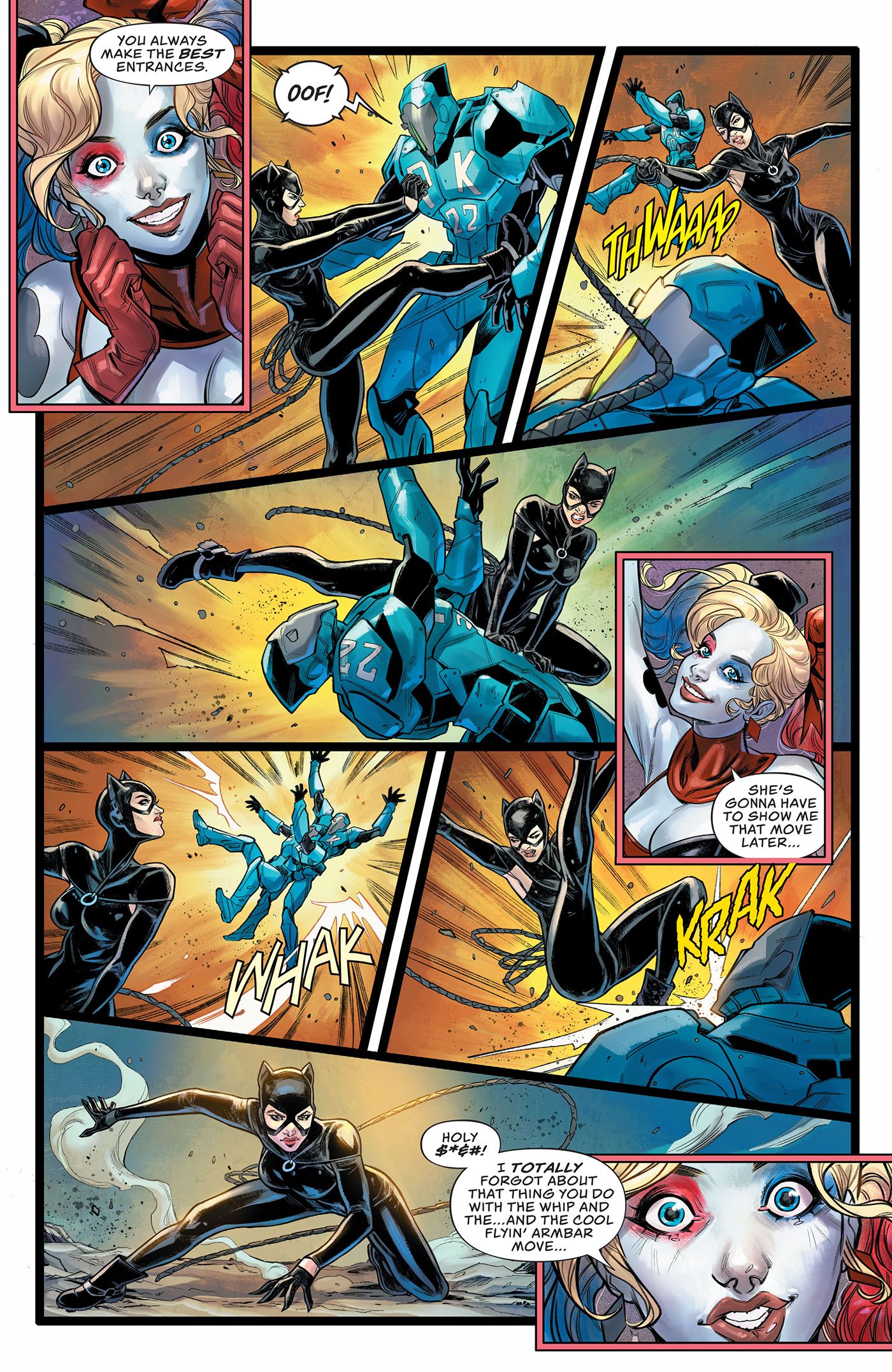 Catwoman defeats the peacekeepers while Harley watches.