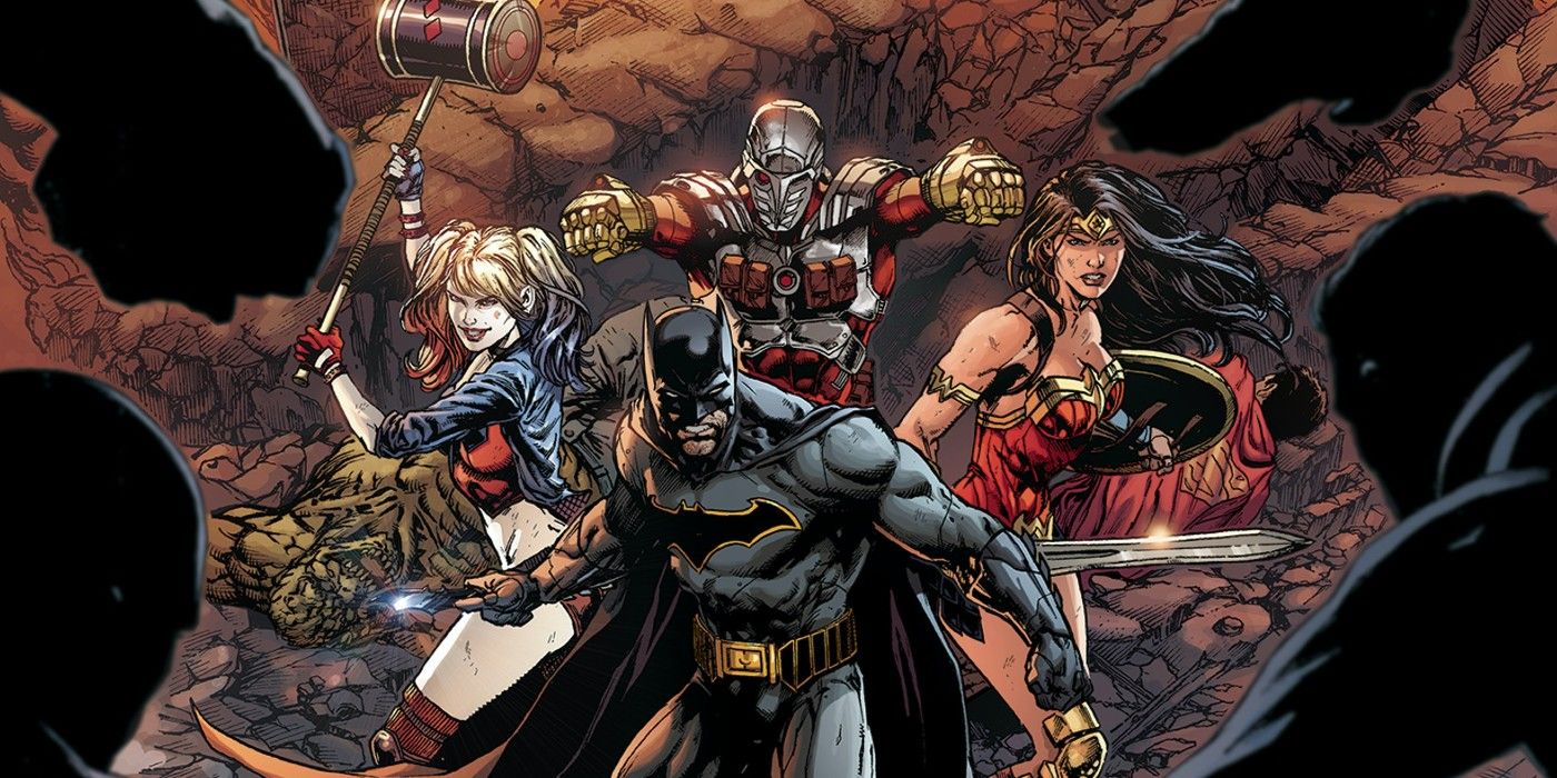 Harley Quinn with Batman, Wonder Woman and Deadshot on the cover of Justice League vs Suicide Squad