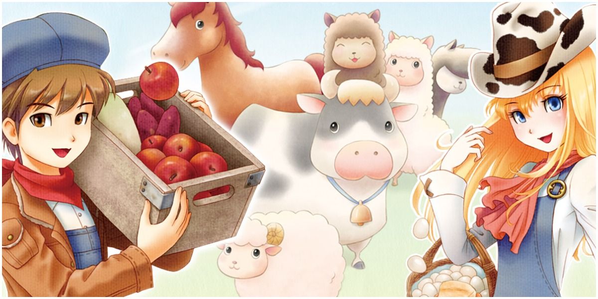 Two main characters along with fruits and farm animals in Harvest Moon A New Beginning