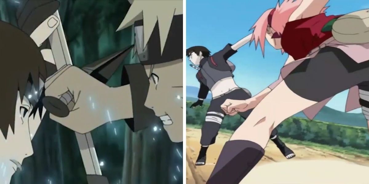Sai, Naruto Uzumaki, and Sakura Haruno fighting from Naruto