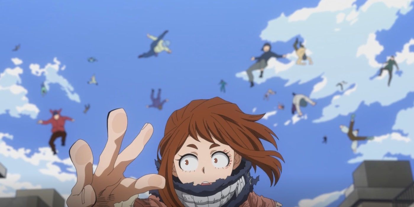 Himiko Toga transforms into Ochaco Uraraka to try to escape the soldiers of the Meta Liberation Army in My Hero Academia