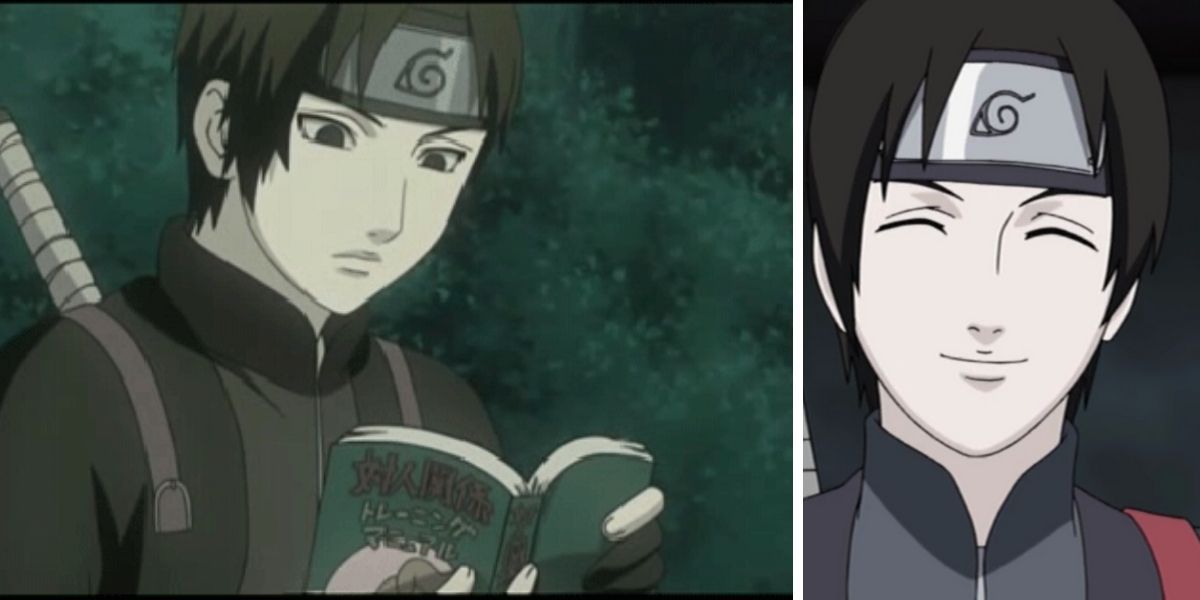 Sai reading a book and smiling in Naruto
