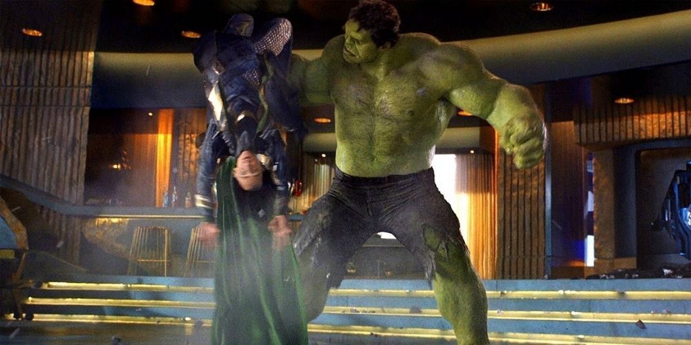 Hulk Thrashing Loki in Stark Tower