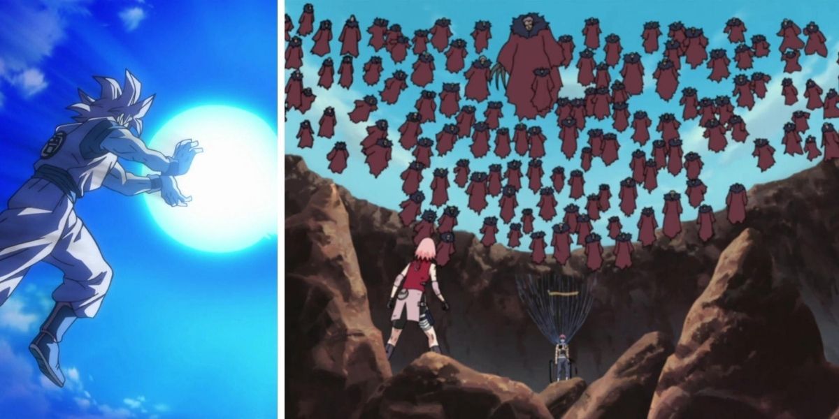 Left image features someone using the Kamehameha; right image features Sasori unleashing his Hundred Puppet Jutsu