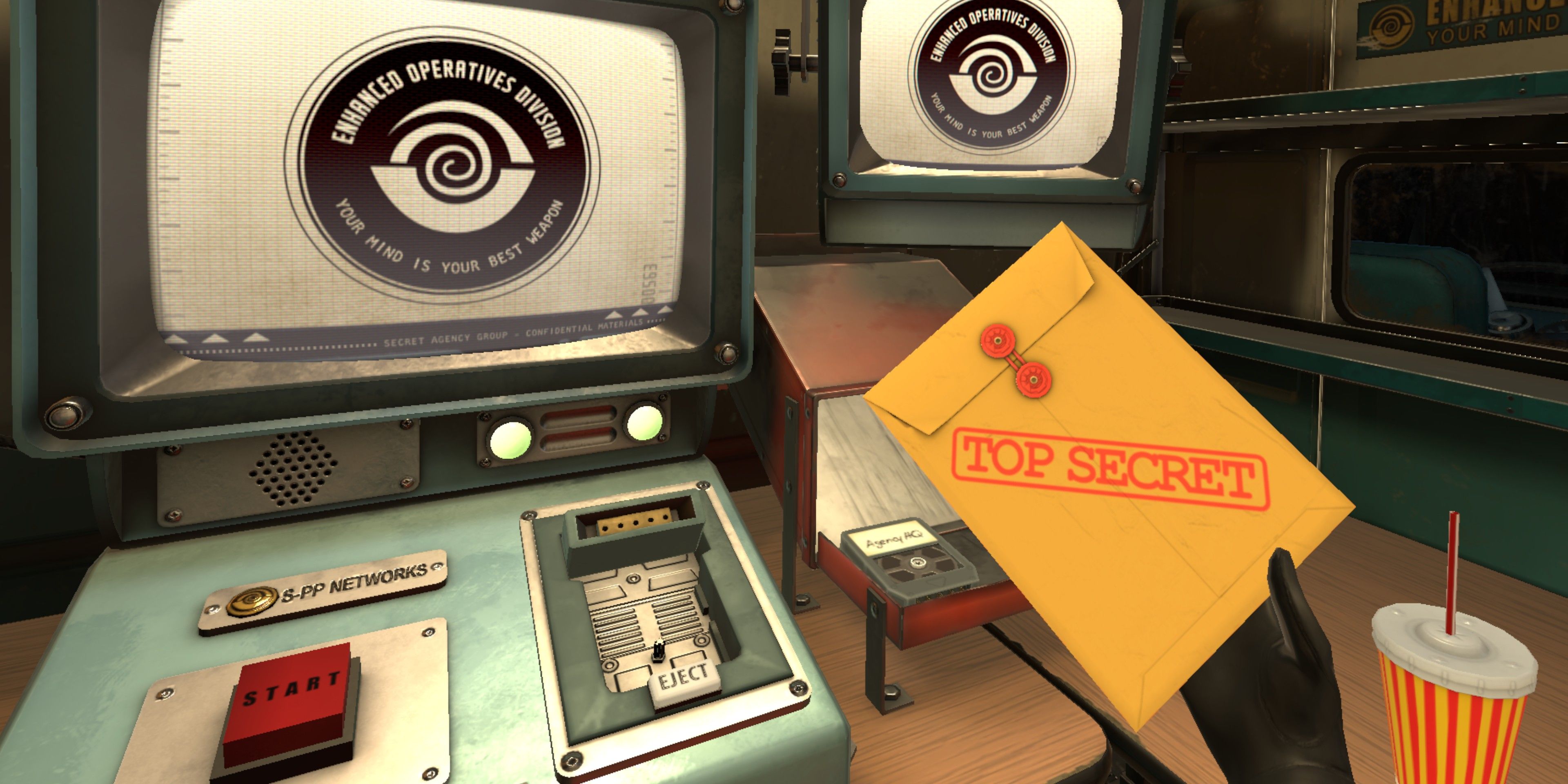 In-game view of I Expect You To Die 2 showing a computer and a file labelled &quot;confidential.&quot;