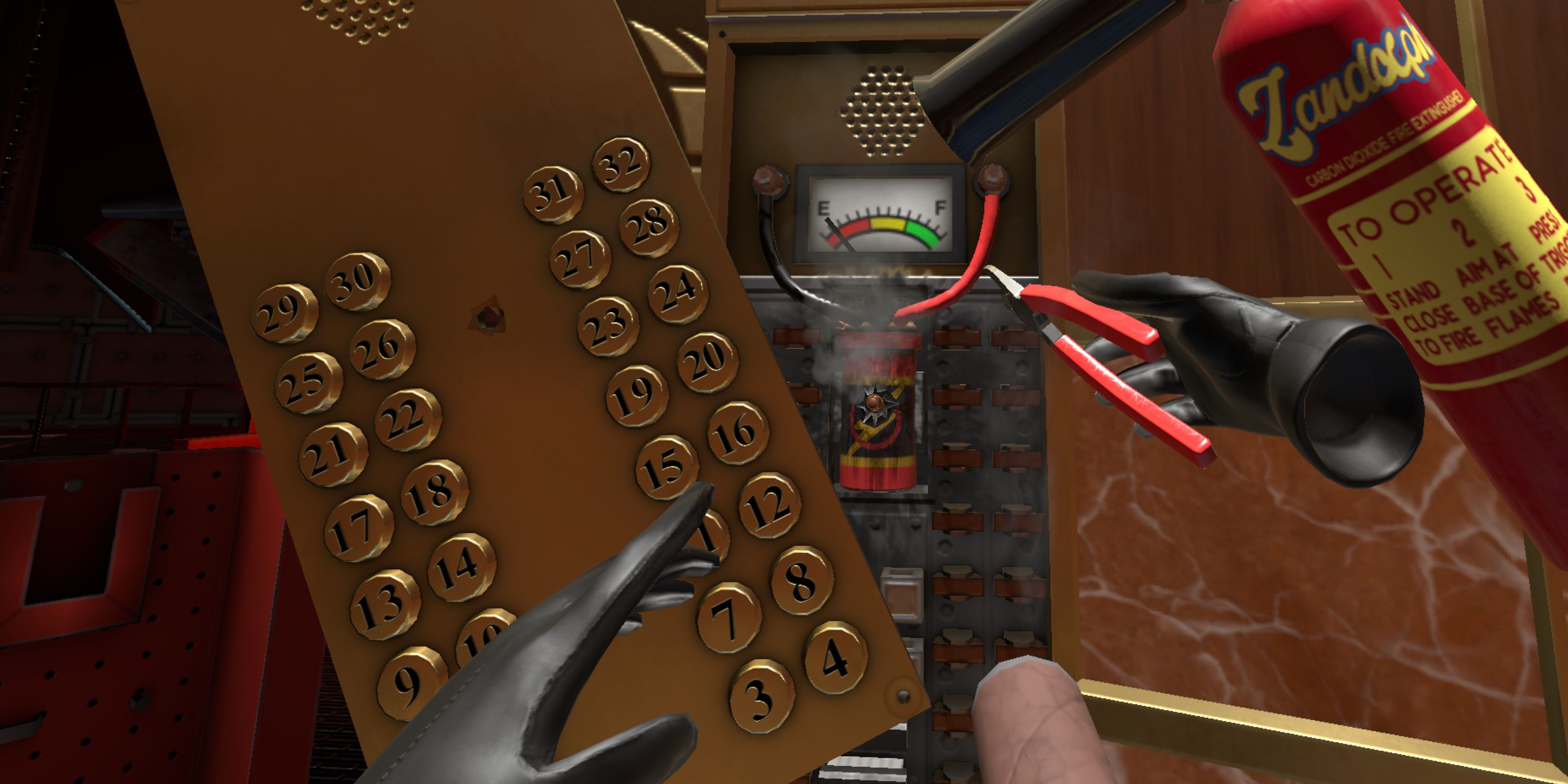In-game view of I Expect You To Die 2 showing an elevator button panel detached from the wall, a disembodied hand holding a pair of pliers to a hidden battery, and a fire extinguisher.