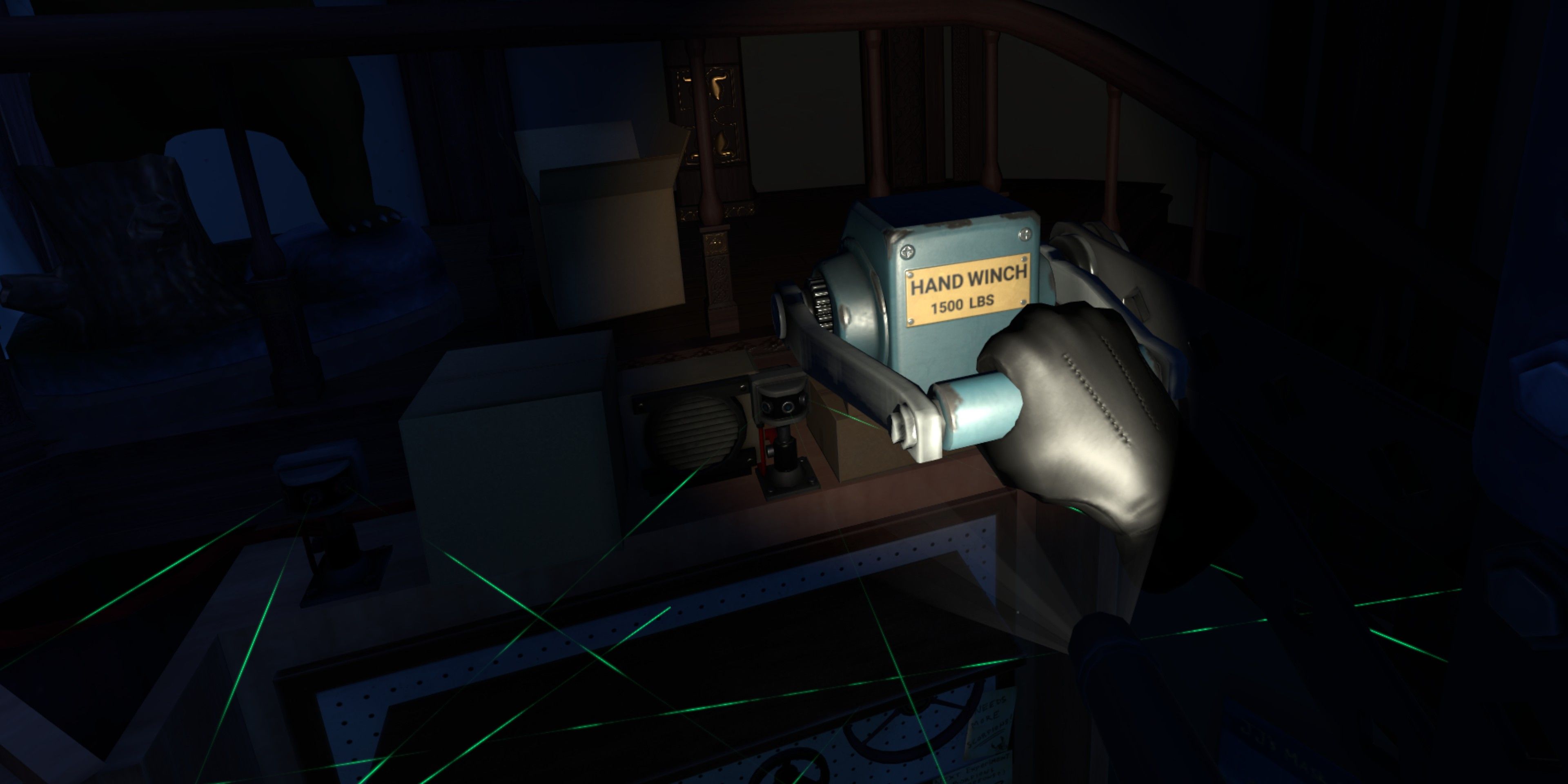 Image from I Expect You To Die 2 showing a flashlight centered on a hand winch lever being pulled with laser beams criss-crossing the bottom.