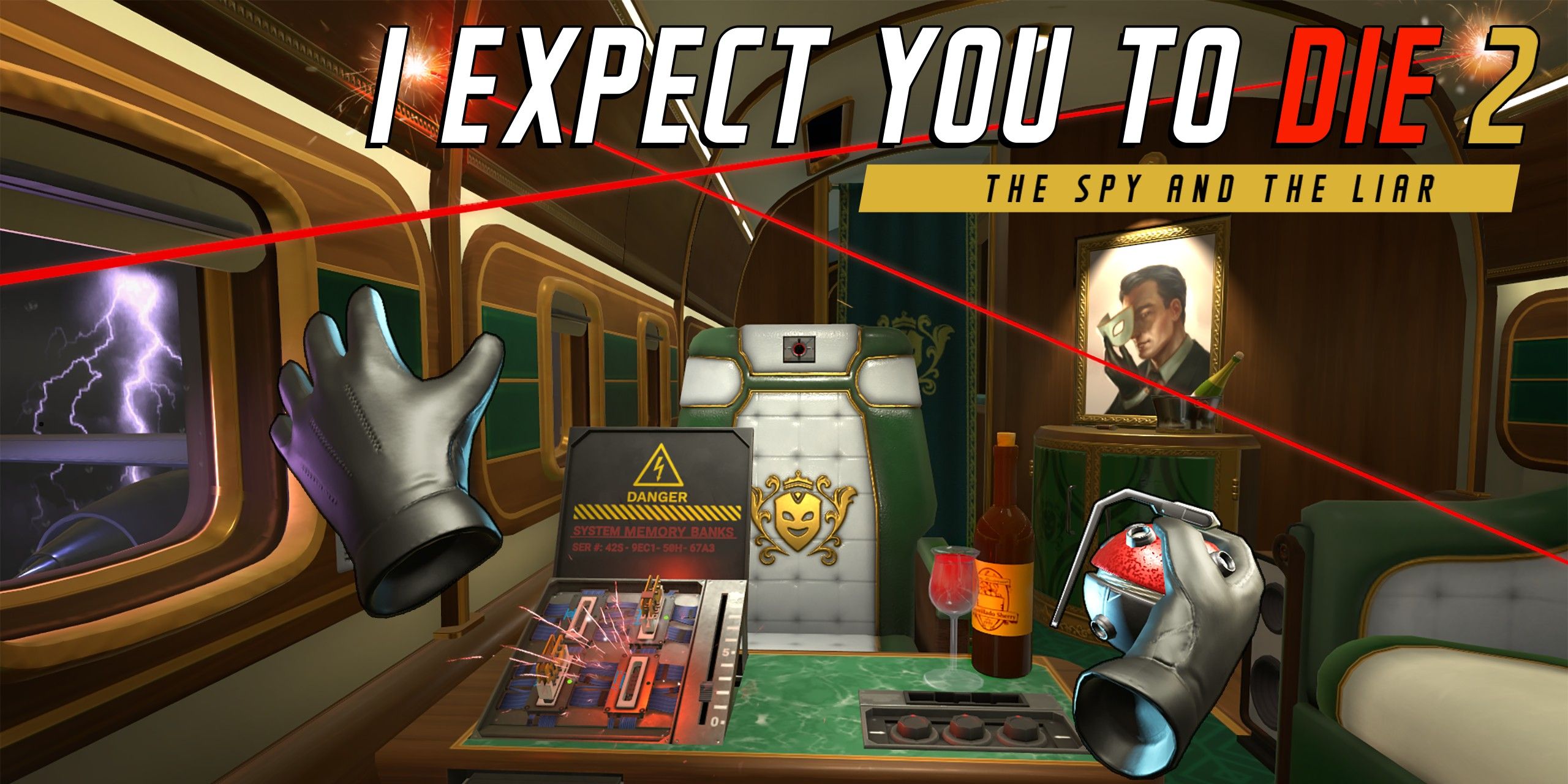 Logo for the game I Expect You to Die 2: The Spy and the Liar. On board a private plane with a sparking bomb, laser pointers,, wine, disembodied gloved hands, and lightning striking outside the window.