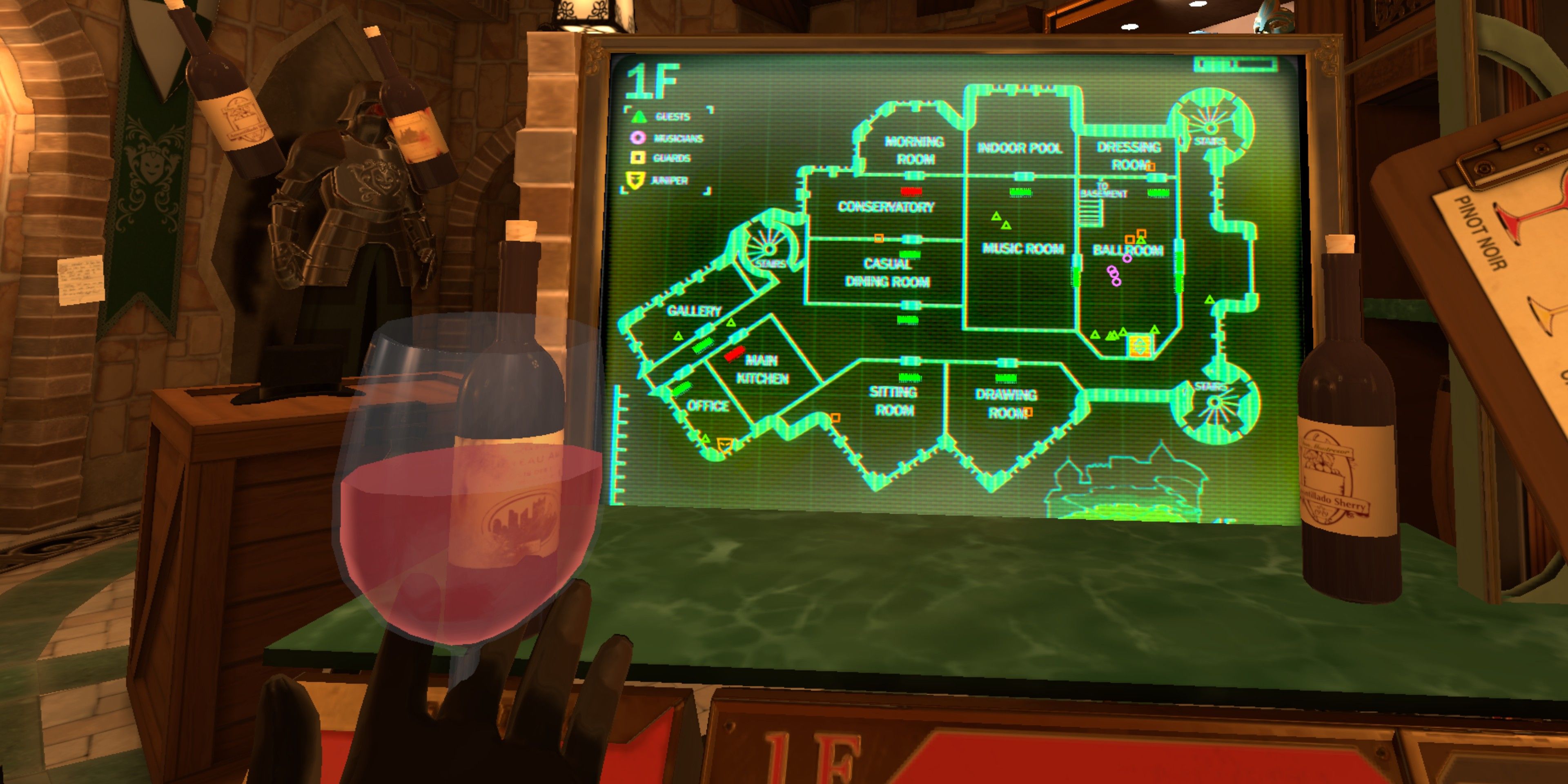 In-game view of I Expect You To Die 2 showing a full glass of wine ad a green digital map of a building on a computer screen.