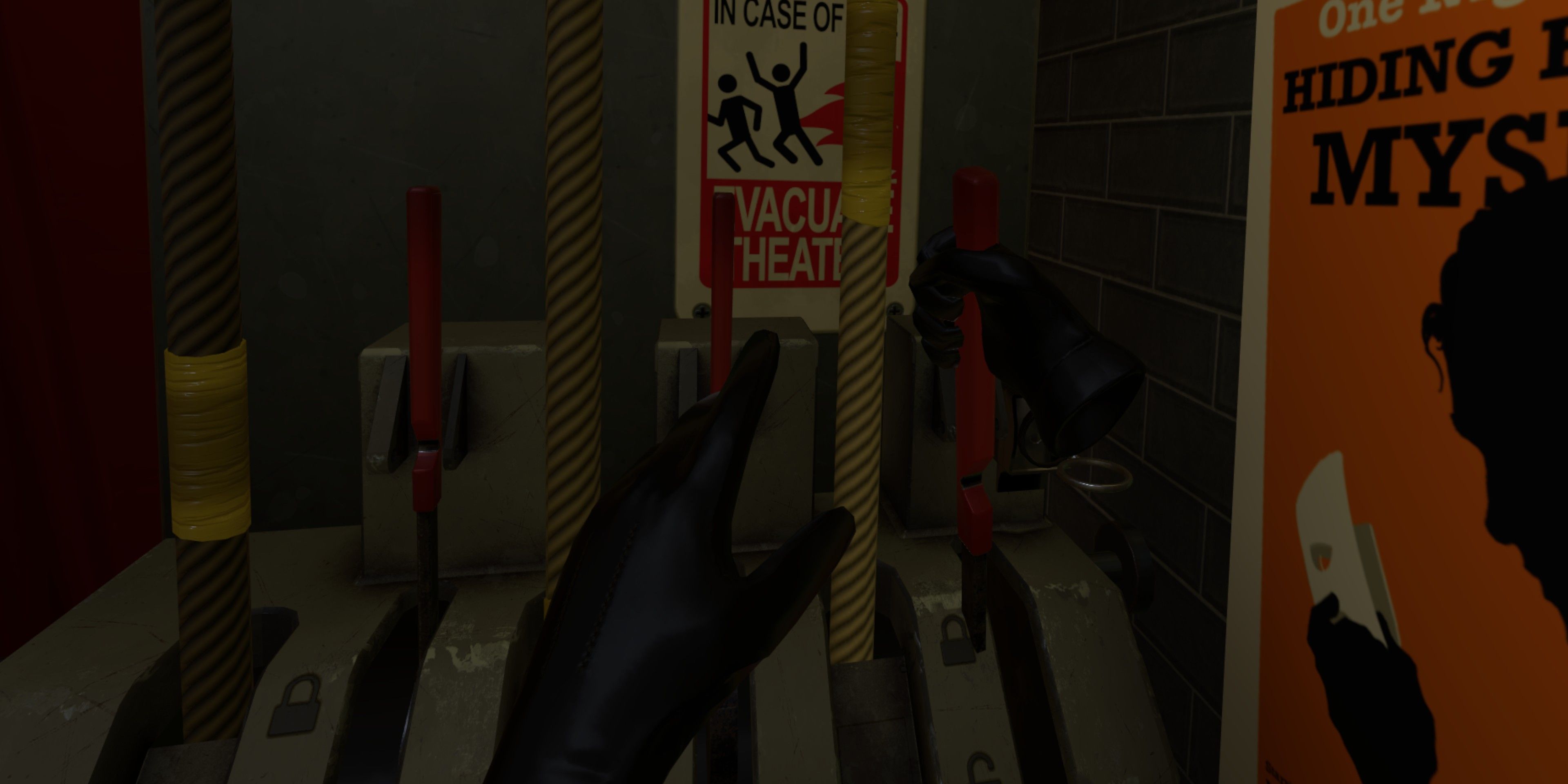 Image from I Expect You To Die 2 shoing a hand pulling a lever controlling some ropes with posters on the walls.
