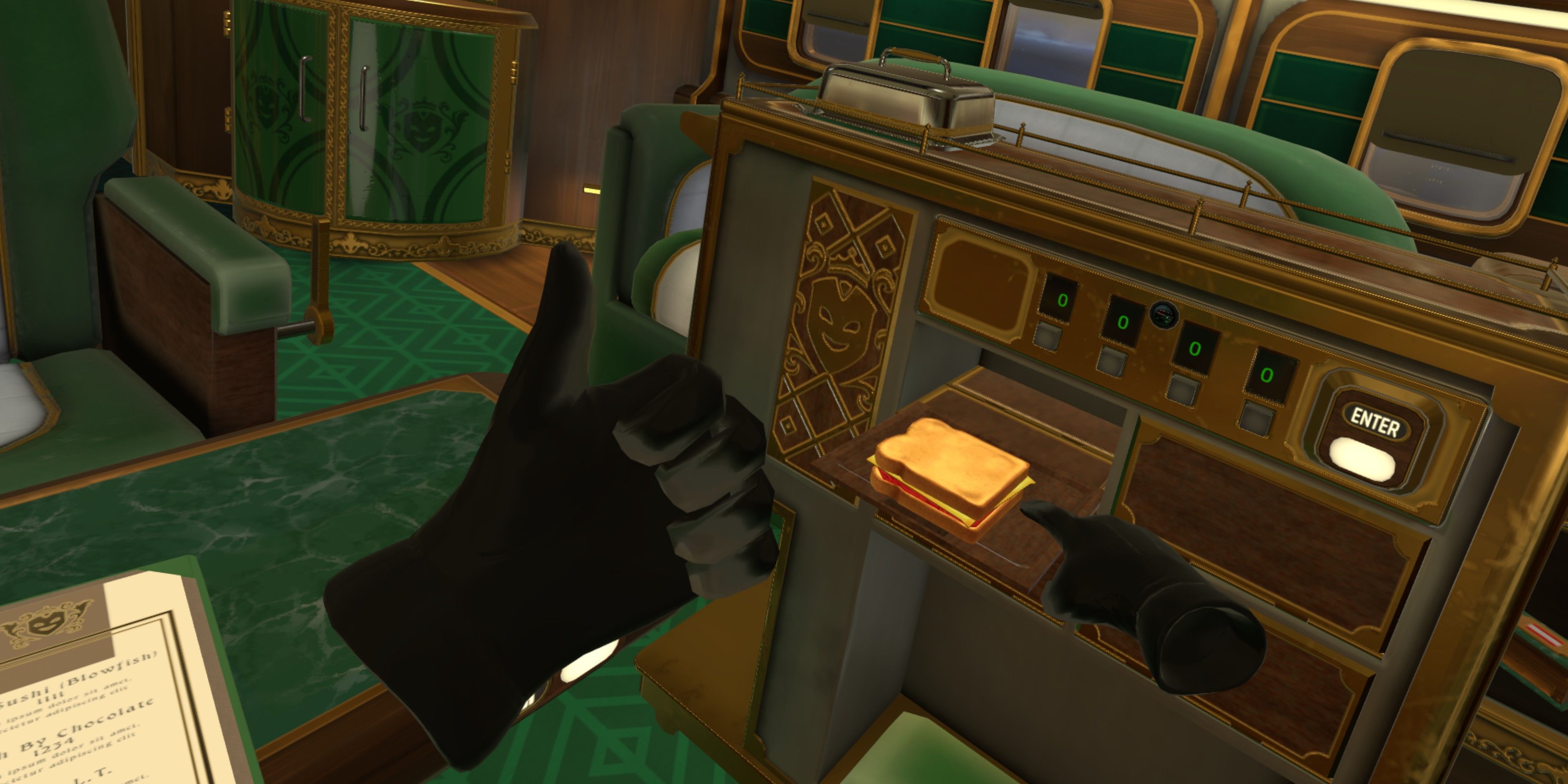 Image from I Expect You To Die 2 Showing a toasted sandwich coming out of a plane's console and a hand giving a thumb's up.