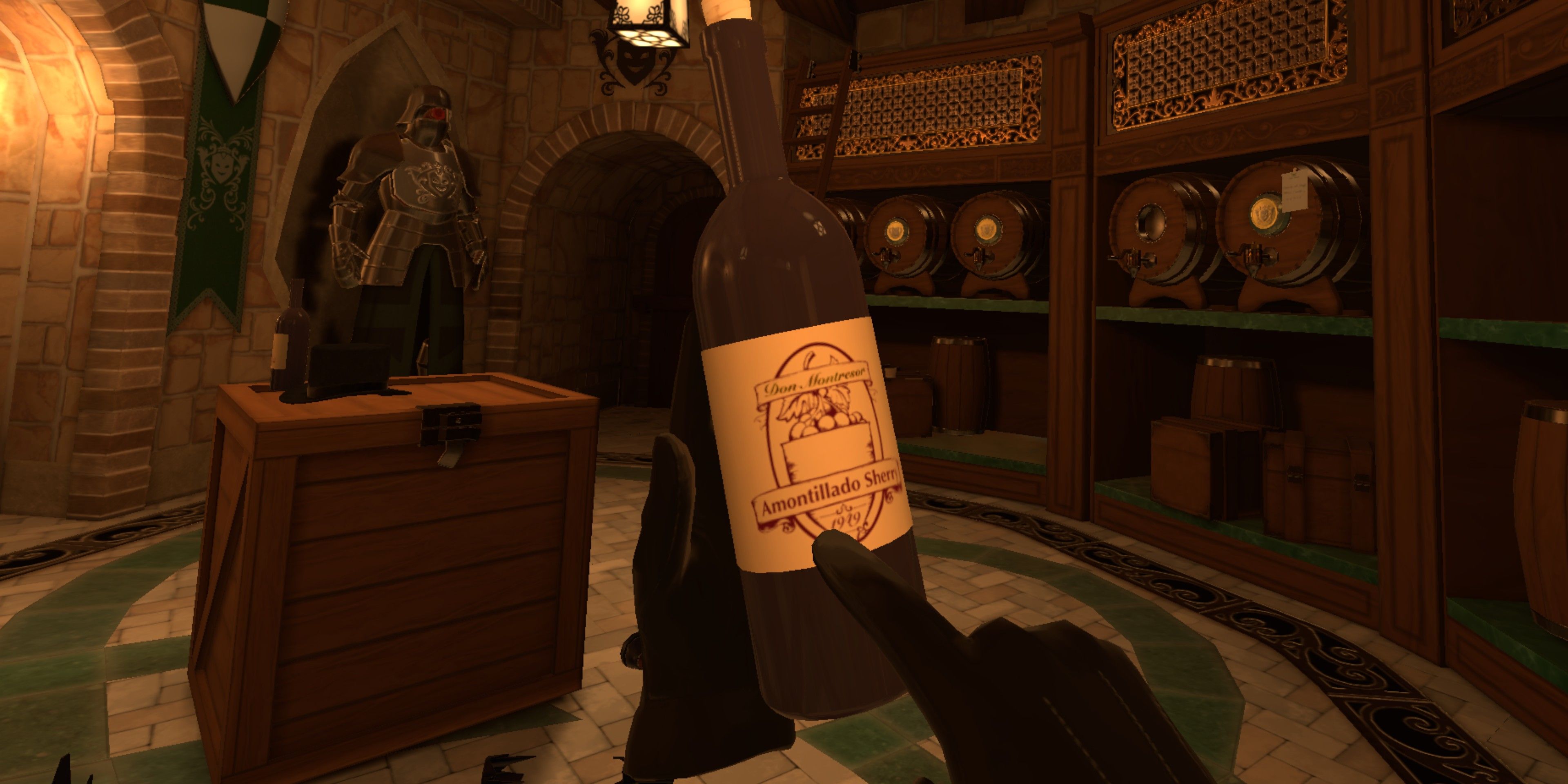 In-game view of I Expect You To Die 2 showing disembodied hand holding a bottle of wine in a wine cellar.