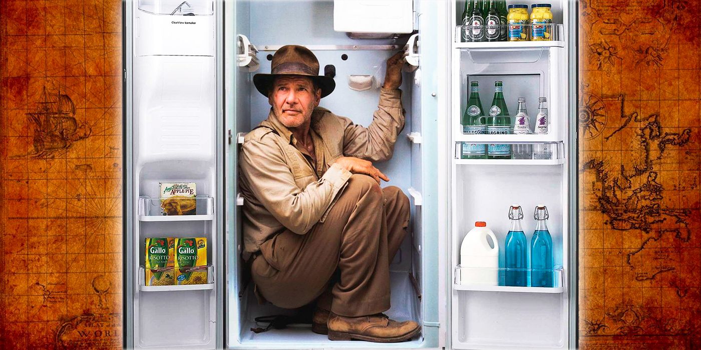Indiana Jones hiding from a nuclear explosion in a fridge